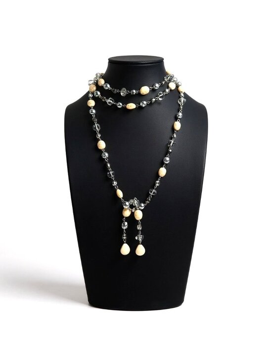 Estate Jewelry - Vintage Lariat Necklace Crystal AB Glass Silver Smoky Cream Neutral BOHO 50"